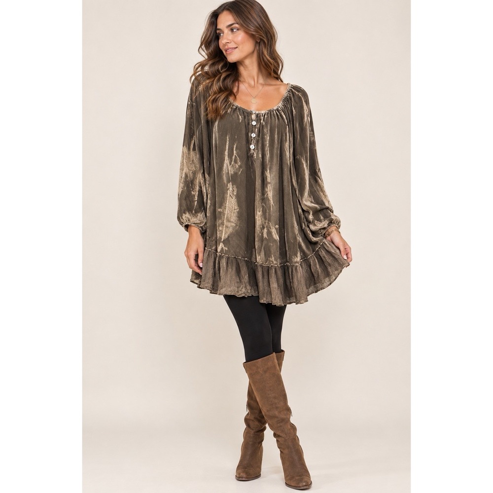 Sacred Threads Peasant Tunic Top~OSFM~ Brown Tie Dye Ruffle Hem Boho Festival